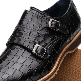 Zelli Italia Legerra Men's Shoes Black Crocodile Print Calf-Skin Leather Monk-Strap (ZEL1074)