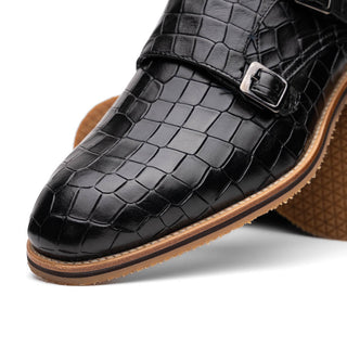 Zelli Italia Legerra Men's Shoes Black Crocodile Print Calf-Skin Leather Monk-Strap (ZEL1074)