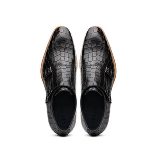 Zelli Italia Legerra Men's Shoes Black Crocodile Print Calf-Skin Leather Monk-Strap (ZEL1074)