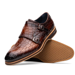 Zelli Italia Legerra Men's Shoes Cognac Crocodile Print Calf-Skin Leather Monk-Strap (ZEL1074)
