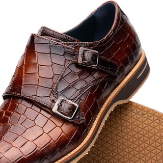 Zelli Italia Legerra Men's Shoes Cognac Crocodile Print Calf-Skin Leather Monk-Strap (ZEL1074)