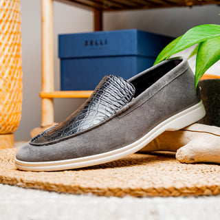 Zelli Italia Bene Men’s Shoes Gray Suede Goat-Skin & Crocodile Loafer (ZEL1016)