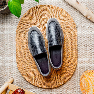 Zelli Italia Bene Men’s Shoes Gray Suede Goat-Skin & Crocodile Loafer (ZEL1016)