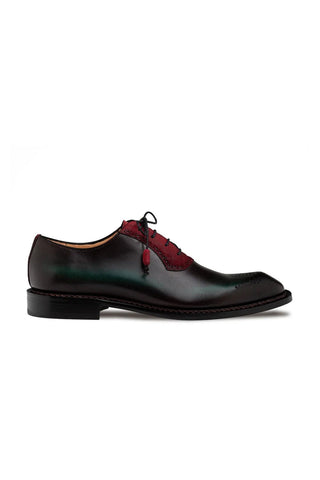 Mezlan Bretton whole-cut Oxford in dark leather and burgundy suede with a round toe and medallion detail.