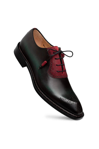 Mezlan Bretton Oxford in dark leather with a red suede lace panel and round toe with medallion detail.