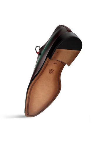 Mezlan Bretton Oxford shoe showing the hand-painted leather sole, stacked heel, and premium calf-skin construction.