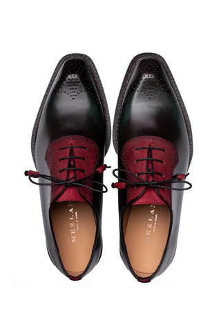 Mezlan Bretton Oxford shoes in dark leather and red suede with medallion toe detail, handmade in Spain.