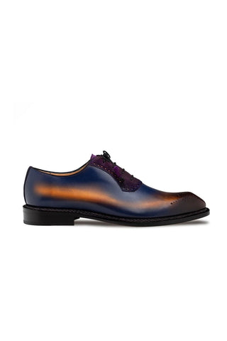 Mezlan Bretton whole-cut Oxford in hand-painted blue and tan leather with purple suede accents and medallion toe detail.