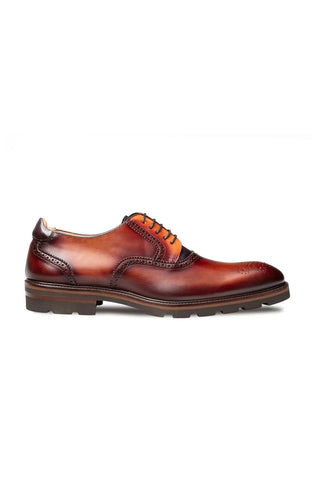 Mezlan Birch men's derby shoe in hand-painted cognac and purple calf-skin leather with medallion toe detailing.