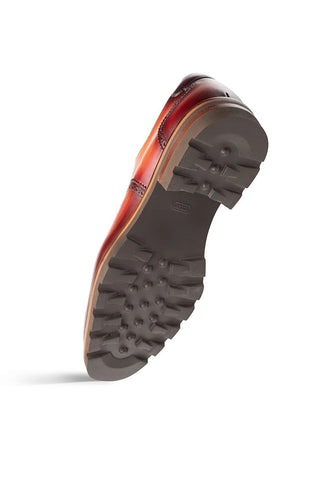 Mezlan Birch cognac leather derby shoe featuring a rugged lug sole and hand-painted calf-skin finish.