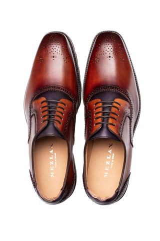 Mezlan Birch derby shoes in cognac and purple hand-painted calf-skin leather with medallion toe detailing.