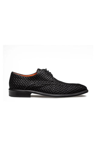 Mezlan Montage black suede derby shoe with a textured geometric print and square toe design.