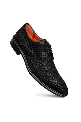 Mezlan Montage black suede derby shoe with a textured pattern, square toe, and orange leather lining.