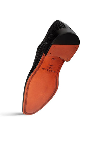 Mezlan Montage black printed suede derby shoe with a square toe and tan leather sole.