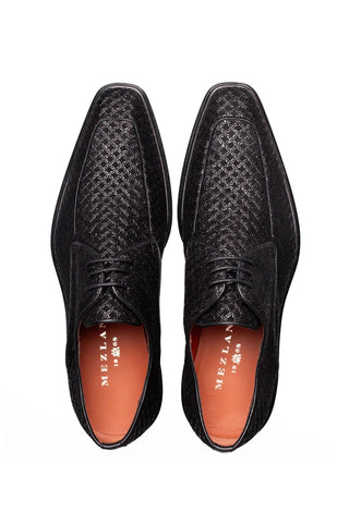 Mezlan Montage black suede derby shoes with a square toe and intricate printed pattern.