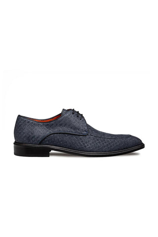 Mezlan Montage blue suede derby shoe with a square toe, intricate printed pattern, and leather sole.