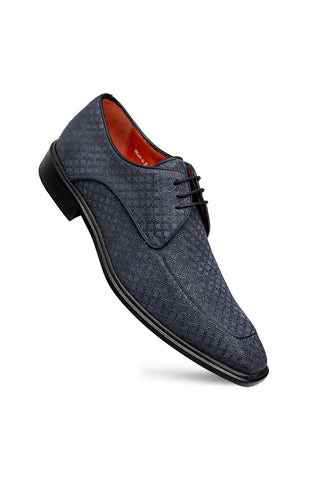 Blue Mezlan Montage suede derby shoe with a square toe, textured pattern, and orange leather lining.