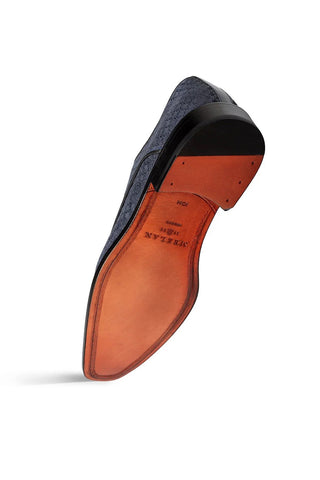 Mezlan Montage blue printed suede derby shoe with a square toe and smooth leather sole.