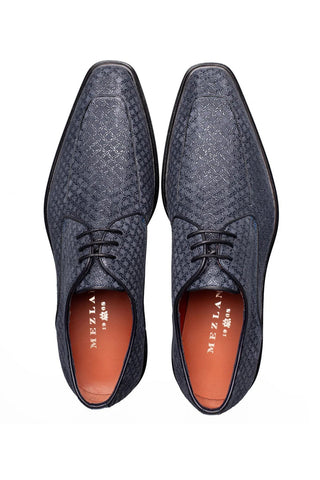 Mezlan Montage blue printed suede derby shoes with square toe and leather lining.