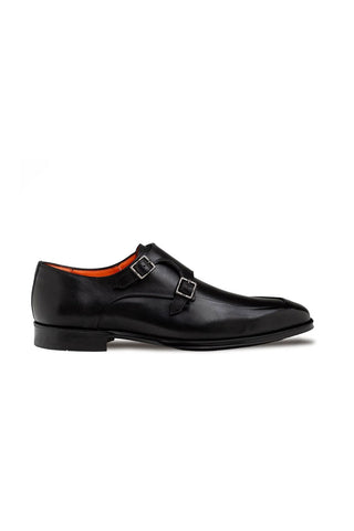 Mezlan Berkshire black calf-skin leather double monk-strap shoe with silver buckles and a round toe.