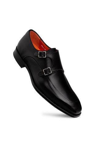 Mezlan Berkshire black calf-skin leather double monk-strap shoe with silver buckles and orange interior lining.