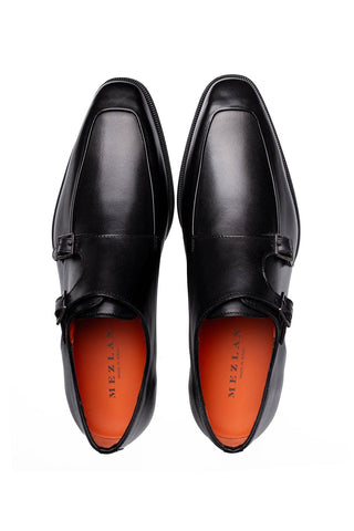 Mezlan Berkshire black calf-skin leather double monk-strap shoes with silver buckles and orange insoles.