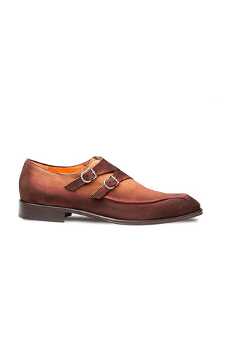 Mezlan Cascade wine-colored suede double monk-strap shoe with silver buckles and a leather sole.