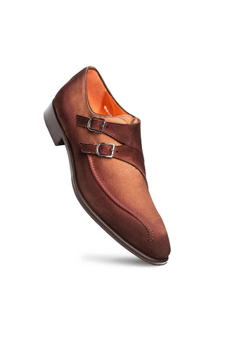 Mezlan Cascade wine-colored suede double monk-strap shoe with silver buckles and a round toe.