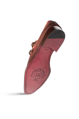 Mezlan Cascade brown suede double monk-strap shoe featuring a branded red leather sole and stacked heel.