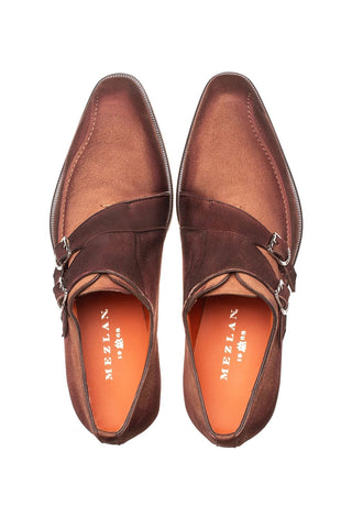 Mezlan Cascade brown suede double monk-strap shoes with silver buckles and round toes, top-down view.
