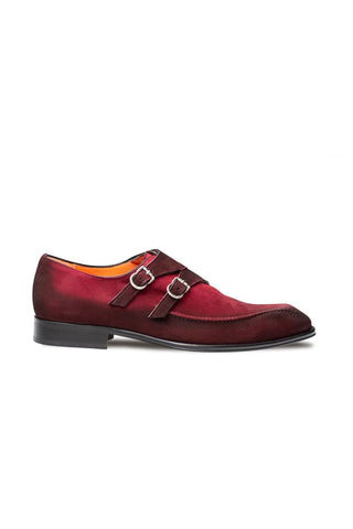 Wine-colored hand-painted suede Mezlan Cascade double monk-strap shoe with silver buckles and a leather sole.