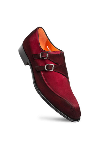 Wine red suede Mezlan Cascade double monk-strap shoe with silver buckles and a round toe, handmade in Spain.