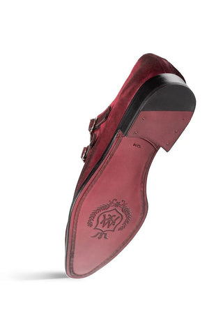 Wine-colored Mezlan Cascade suede double monk-strap shoe with a branded leather sole and buckle detail.