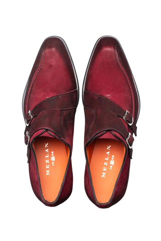 Mezlan Cascade wine-colored suede double monk-strap shoes with silver buckles and round toes, handmade in Spain.