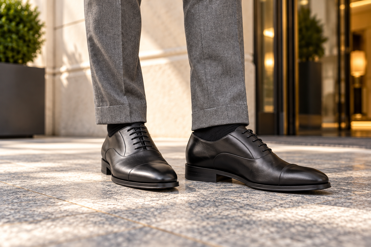 Bruno Magli Maioco black cap-toe oxfords worn outside a luxury hotel