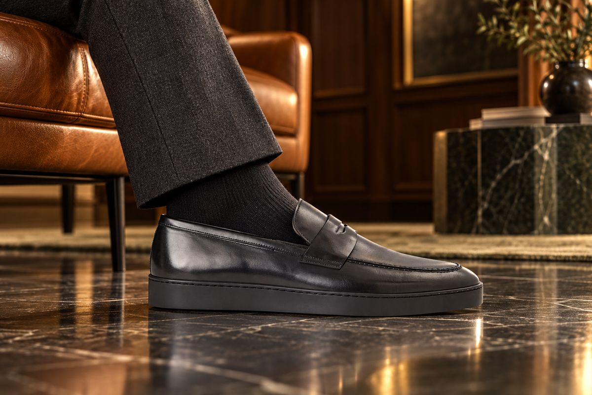 AI-created editorial illustration of a black leather Prato loafer without metal hardware, worn in a polished dark wood and marble interior.