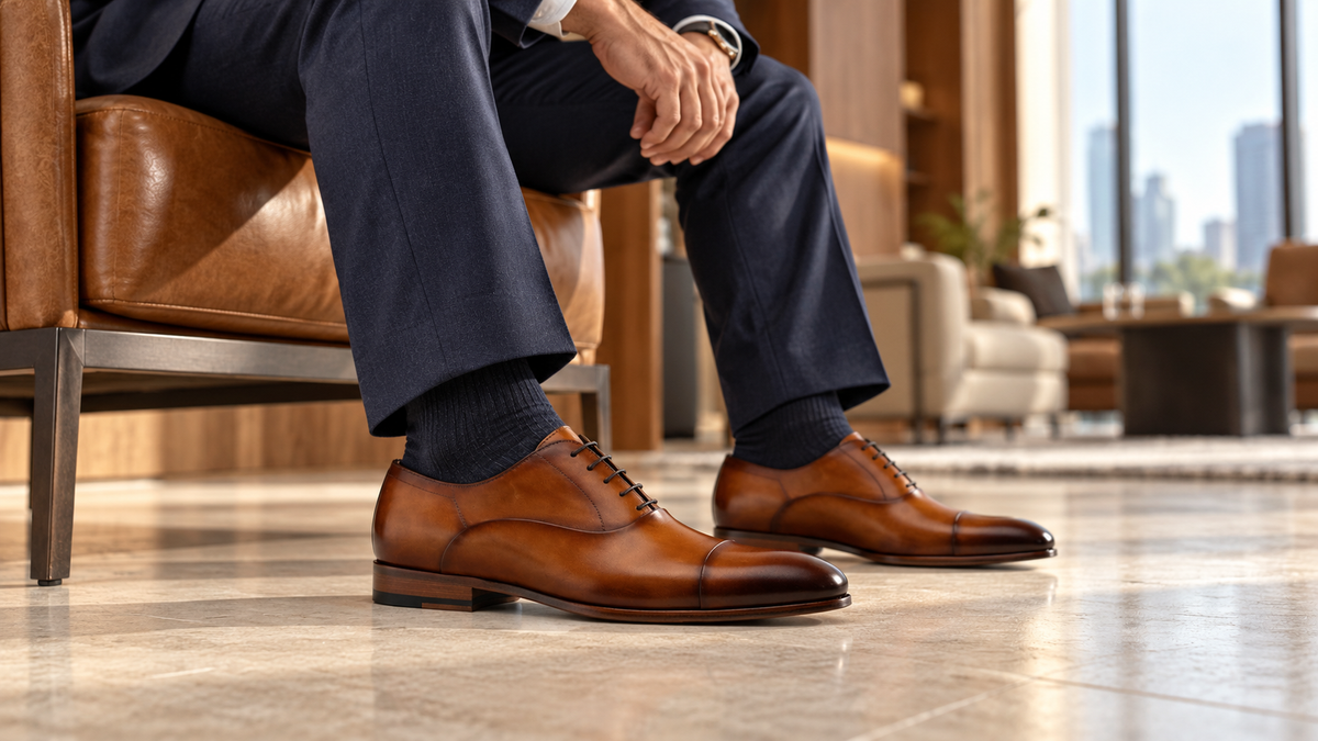 AI-created editorial image featuring brown Magnanni oxford shoes.