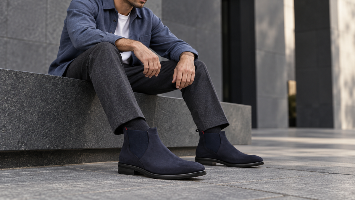 Emilio Franco EF311 navy nubuck Chelsea boot in an editorial setting