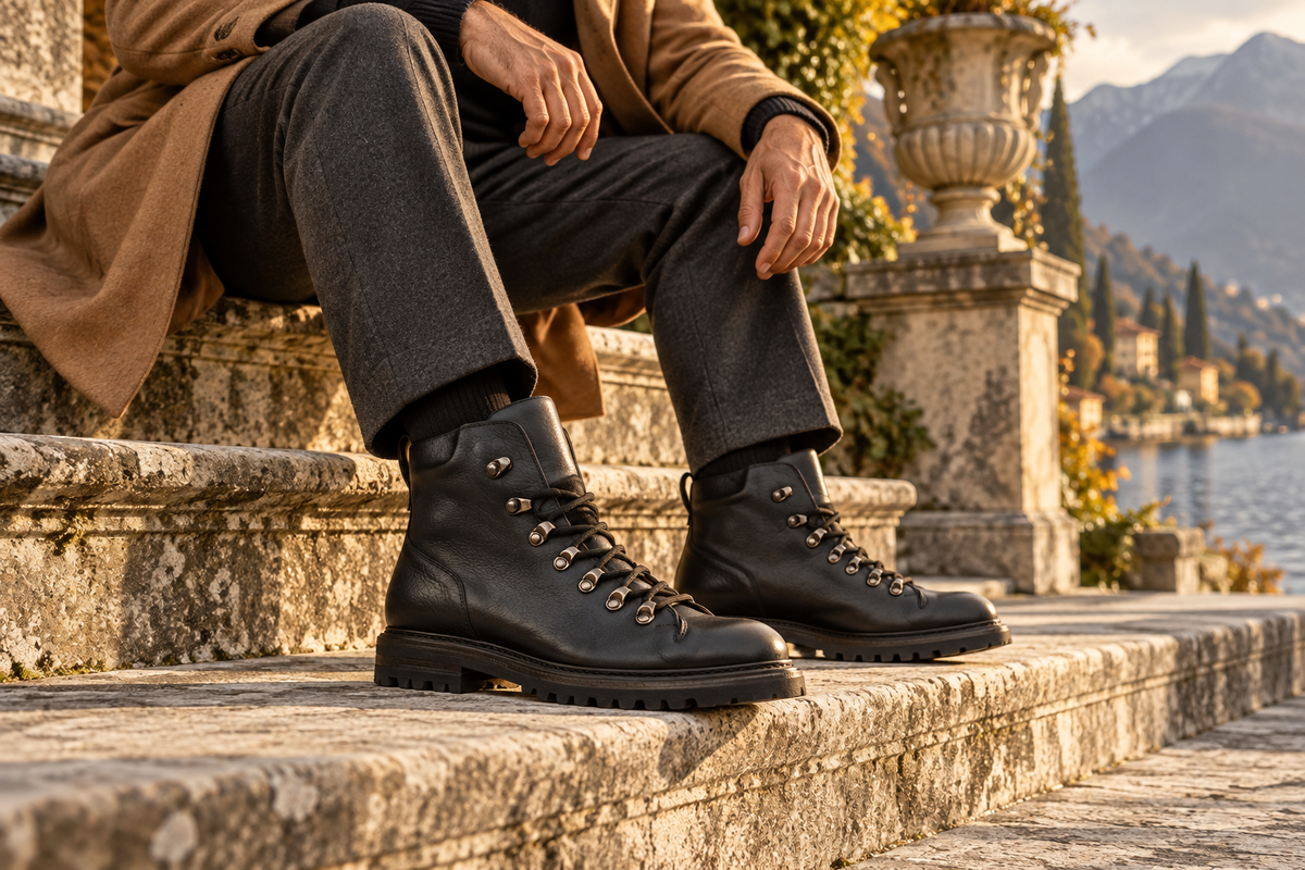 Aquatalia Denali black leather lace-up boots worn on lakeside stone steps