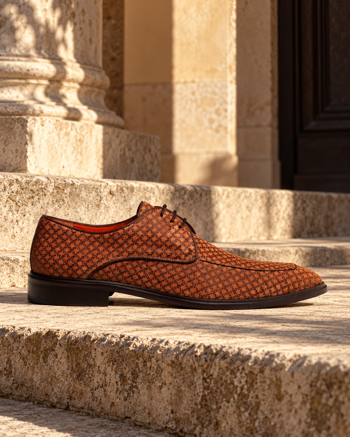 Tan patterned Mezlan Montage suede derby on sunlit stone steps