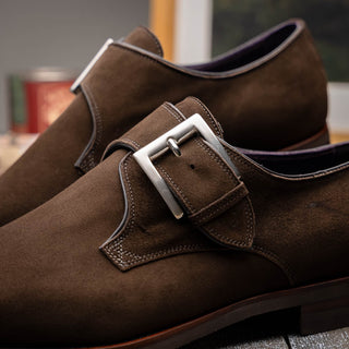 Zelli Italia Hebilla Men's Shoes Dark Brown Calf-Skin Suede Single Monk-Strap (ZEL1076)