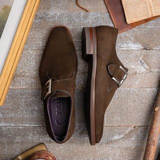 Zelli Italia Hebilla Men's Shoes Dark Brown Calf-Skin Suede Single Monk-Strap (ZEL1076)