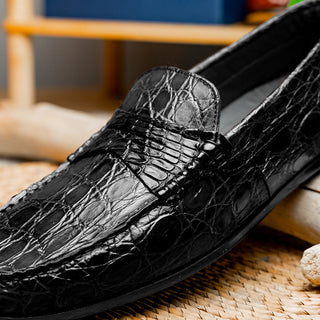 Zelli Italia Monza Men's Shoes Black Crocodile Skin Driver (ZEL1043)