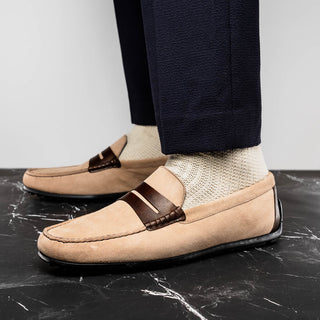 Zelli Italia Monza Men's Shoes Bone & Chestnut Calf-Skin Suede Driver (ZEL1045)