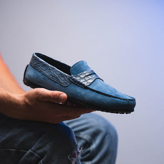 Zelli Italia Monza Men's Shoes Denim Calf-Skin Suede & Crocodile Skin Driver (ZEL1044)