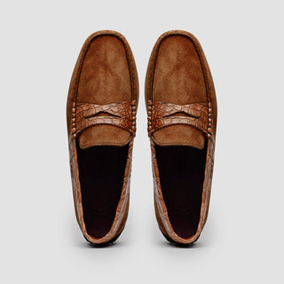 Zelli Italia Monza Men's Shoes Cognac Calf-Skin Suede & Crocodile Skin Driver (ZEL1044)