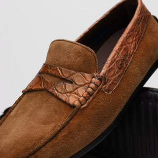 Zelli Italia Monza Men's Shoes Cognac Calf-Skin Suede & Crocodile Skin Driver (ZEL1044)