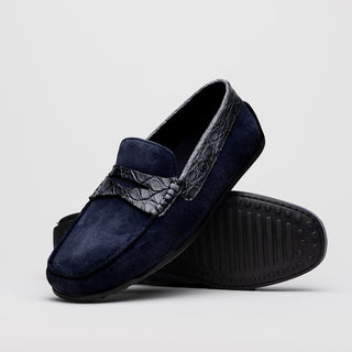 Zelli Italia Monza Men's Shoes Navy Calf-Skin Suede & Crocodile Skin Driver (ZEL1044)