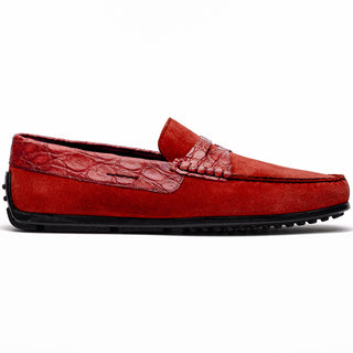 Zelli Italia Monza Men's Shoes Red Calf-Skin Suede & Crocodile Skin Driver (ZEL1044)
