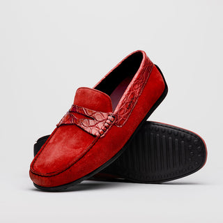 Zelli Italia Monza Men's Shoes Red Calf-Skin Suede & Crocodile Skin Driver (ZEL1044)